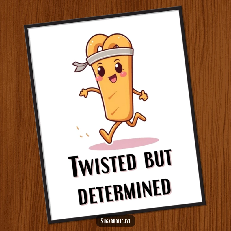 Funny free printable wall art featuring a determined pretzel stick wearing a sweatband, actively running a race.