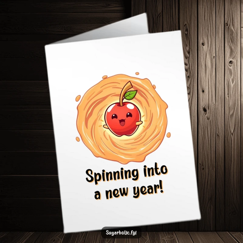 Funny free printable birthday card illustration of a beaming candy apple character happily spinning within a mesmerizing caramel vortex.