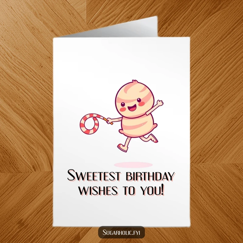 Funny Free Printable Birthday Card: Smiling candy character skipping rope with licorice, leaving sparkles, perfect downloadable art.