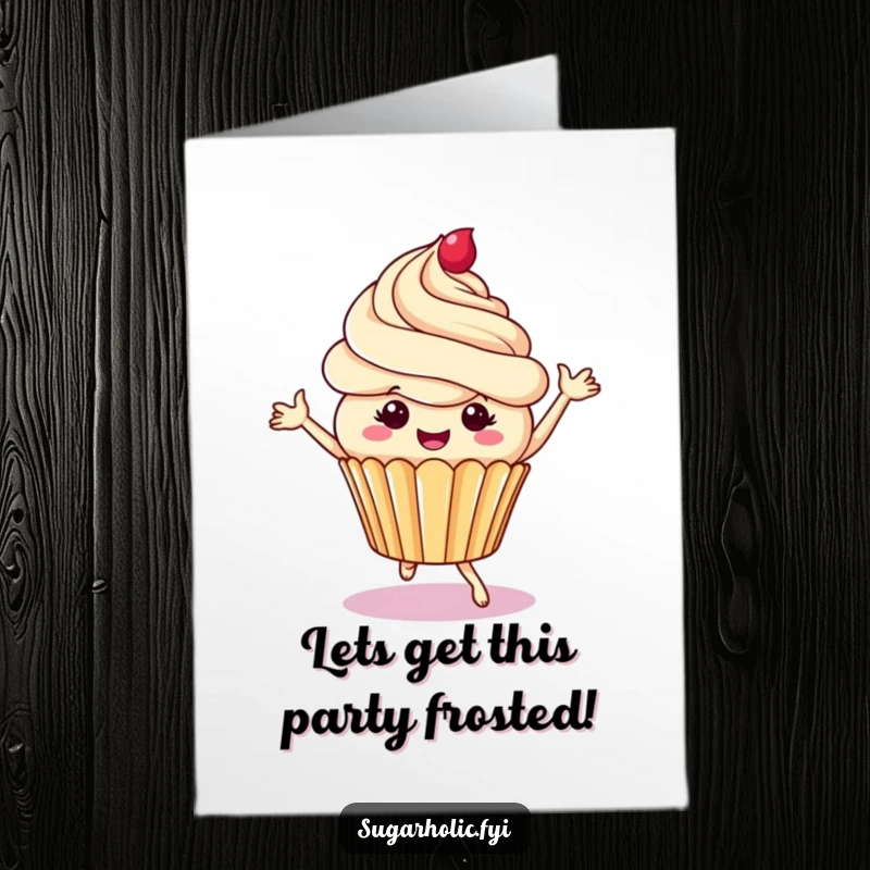 Funny free printable birthday card featuring a cheerful cupcake character joyfully dancing amidst whimsical frosting swirls, a sweet and festive design.