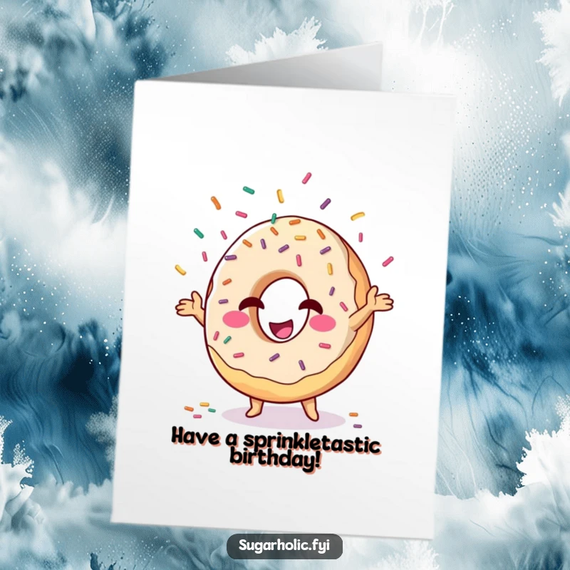 Funny Free Printable Birthday Card: Winking donut character juggling sprinkles with a big grin, celebrating with flair.