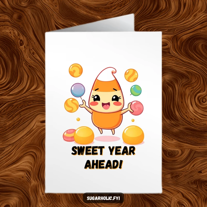 Funny Free Printable Birthday Card: A beaming candy corn character expertly juggles vibrant gumdrops with a huge smile.