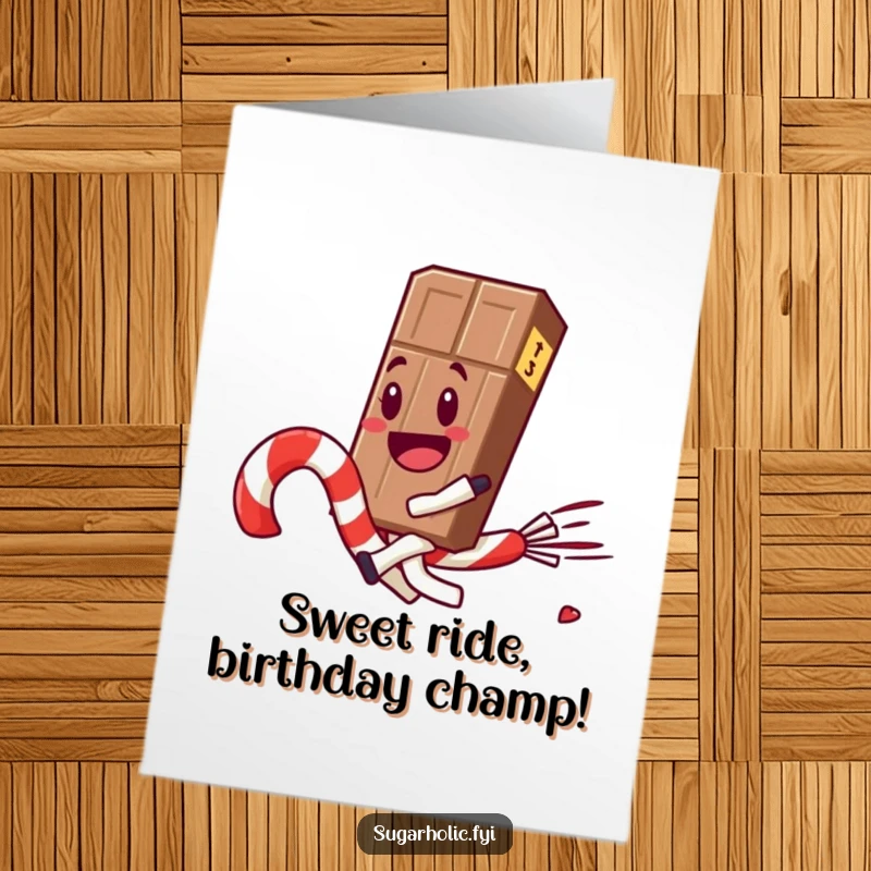 Funny Free Printable Birthday Card: Joyful chocolate bar character gleefully rides a runaway candy cane, spreading birthday cheer.
