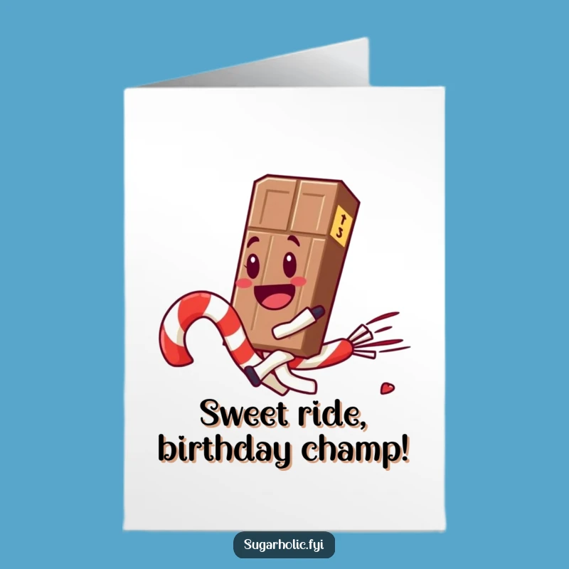 Free Printable Birthday Card: Funny Chocolate Bar on Candy Cane, Downloadable Humor Gift