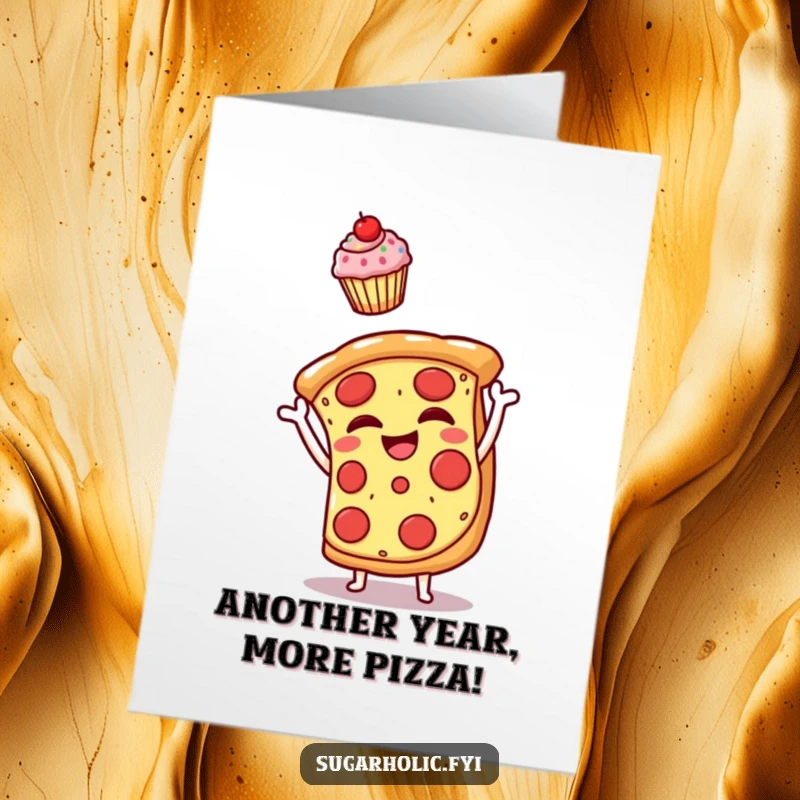 Funny Free Printable Birthday Card: Grinning pizza joyfully tossing a cupcake, colorful confetti, hilarious celebration art.