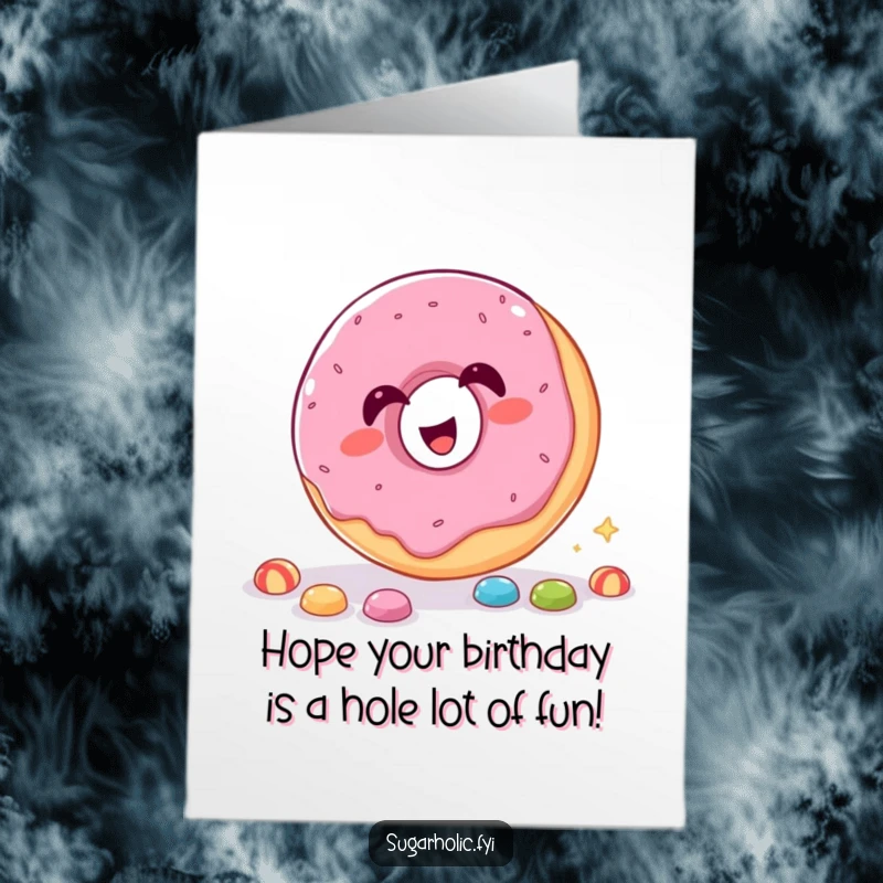 Funny Free Printable Birthday Card showing a giggling donut trying to catch candy with its hole, a whimsical celebration.