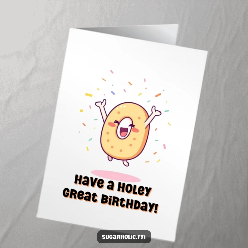 Funny Free Printable Birthday Card: Happy bagel character leaping with joy, showering confetti, perfect downloadable art.