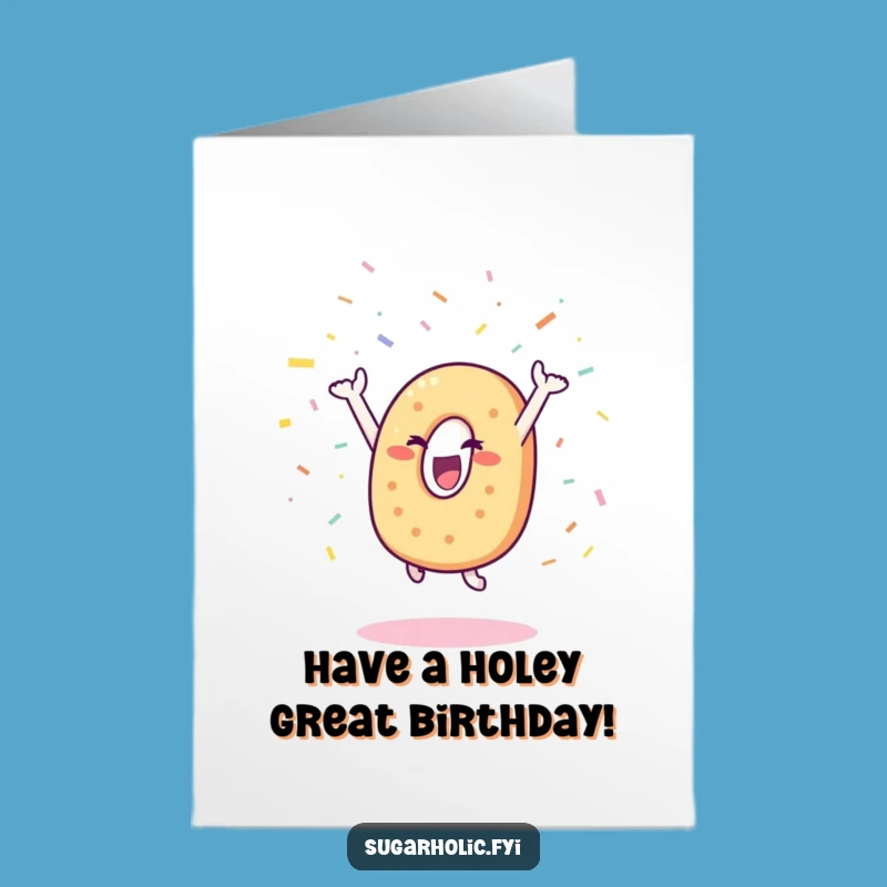Free Printable Birthday Card: Happy Bagel Leaping with Confetti, Funny Downloadable Gift
