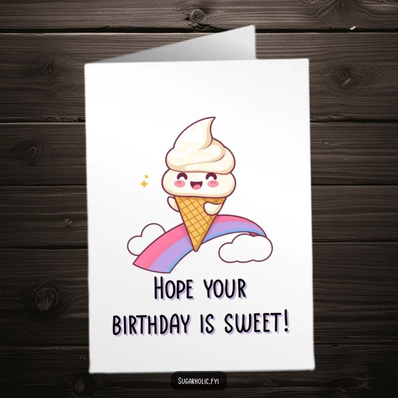 Funny Free Printable Birthday Card: A gleeful ice cream cone character happily slides down a vibrant rainbow.