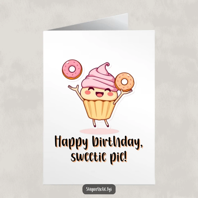 Funny Free Printable Birthday Card: A smiling cupcake character joyfully juggling three colorful donuts, full of festive energy.
