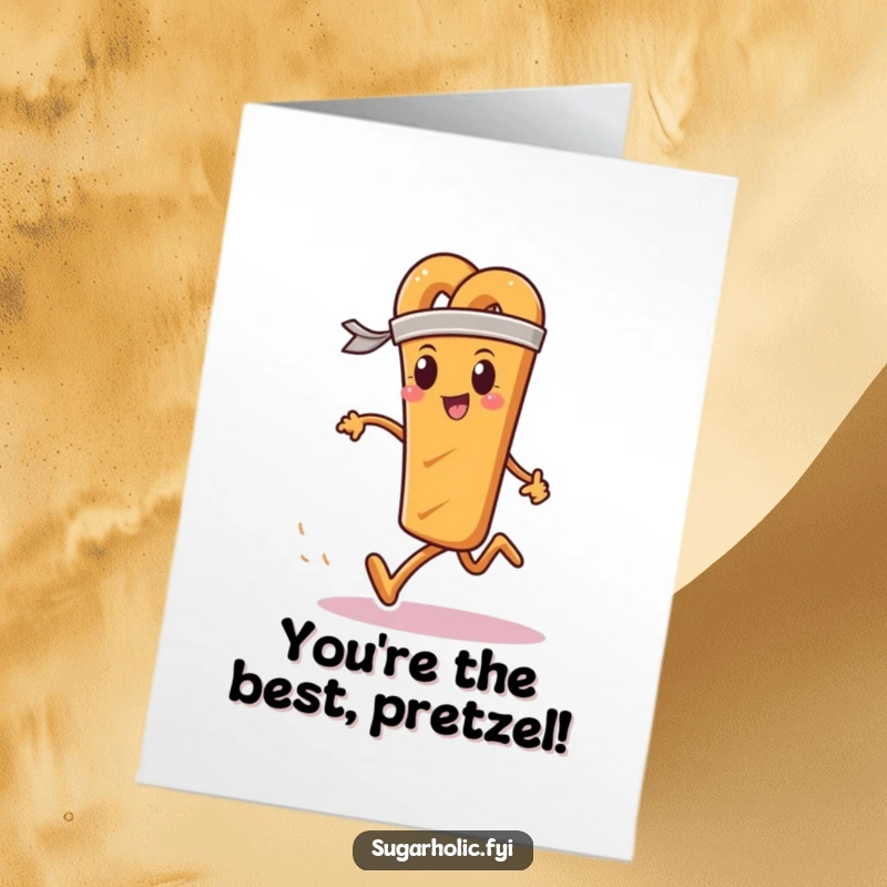 Funny free printable birthday card showing a determined pretzel stick with a sweatband in the middle of a race.