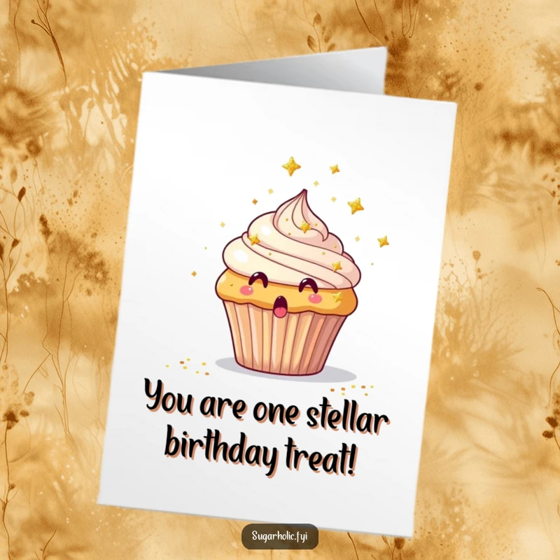 Funny Free Printable Birthday Card where a surprised cupcake gets showered in edible glitter stars for a festive celebration.