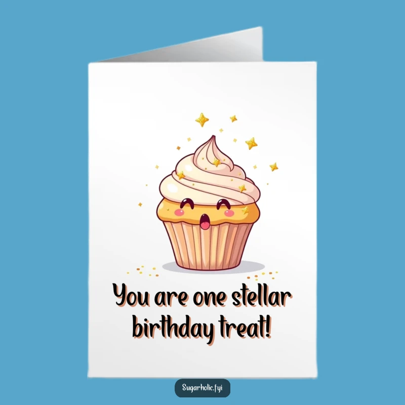Free Printable Birthday Card: Surprised Cupcake & Glitter, funny downloadable gift!