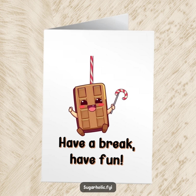 Funny Free Printable Chocolate Bar Birthday Card: A thrilled chocolate bar character swinging happily from a licorice rope, celebrating.