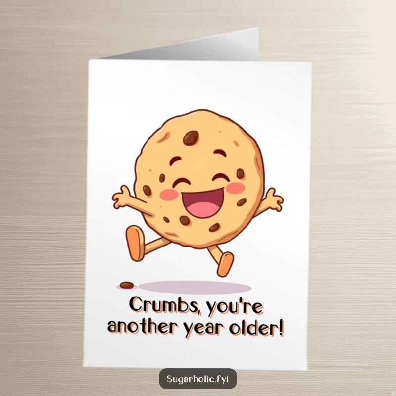 Funny Free Printable Birthday Card: A cookie character comically tripping but smiling wide, celebrating with pure delight.
