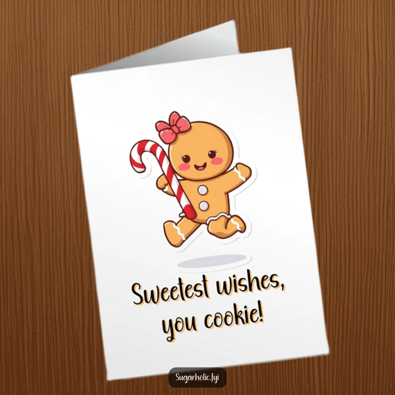 Funny Free Printable Birthday Card: A cheerful gingerbread cookie skips joyfully with a candy cane, ready to celebrate.