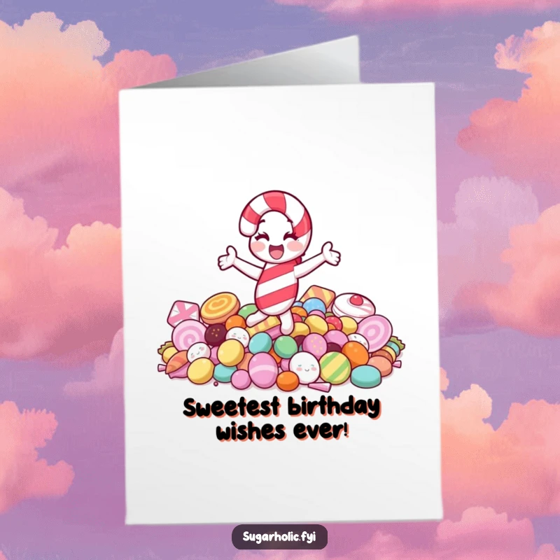 Funny free printable birthday card showing a jolly candy cane character joyfully spinning atop a pile of colorful sweets.