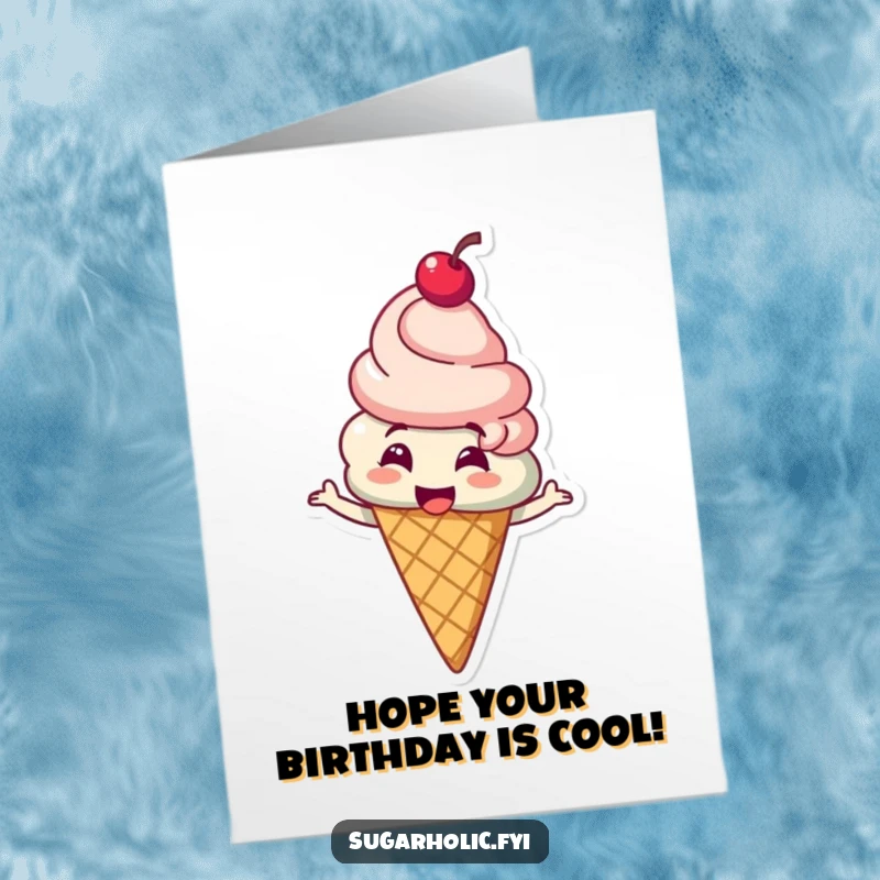 Funny Free Printable ice cream cone character with a cherry on top, giggling and spinning with birthday delight.