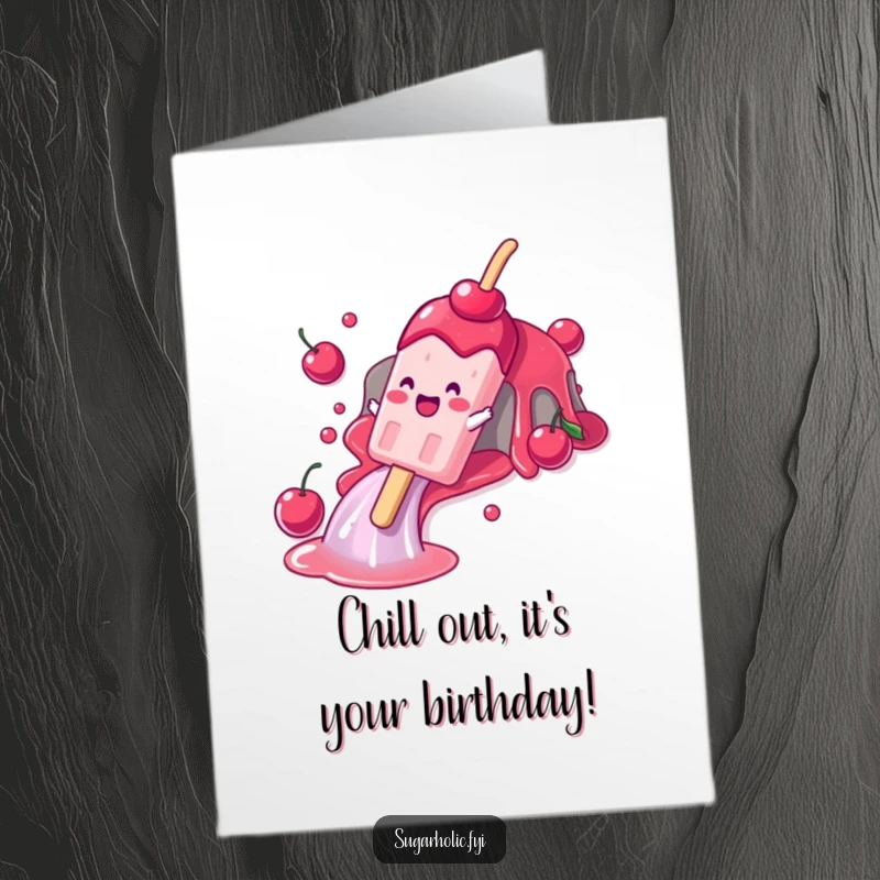 Funny Free Printable Popsicle Birthday Card: A gleeful popsicle character sliding down a cherry syrup waterfall, celebrating a birthday.