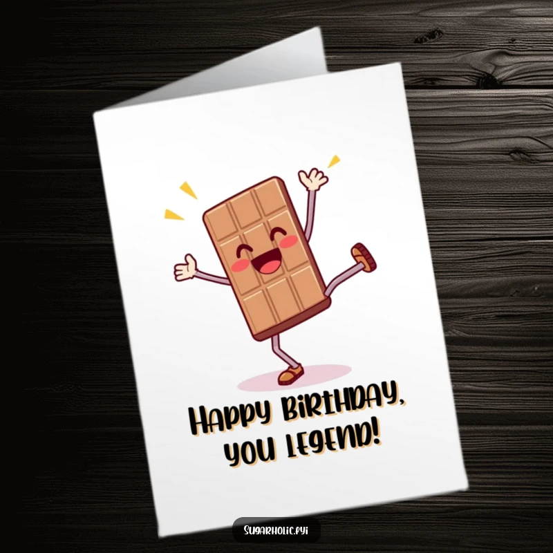 Funny free printable birthday card illustration of a thrilled chocolate bar character energetically doing a cartwheel, full of joy.