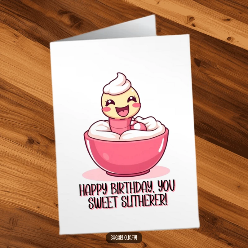 Funny Free Printable Birthday Card featuring a delighted gummy worm playfully slithering through a bowl of creamy icing.