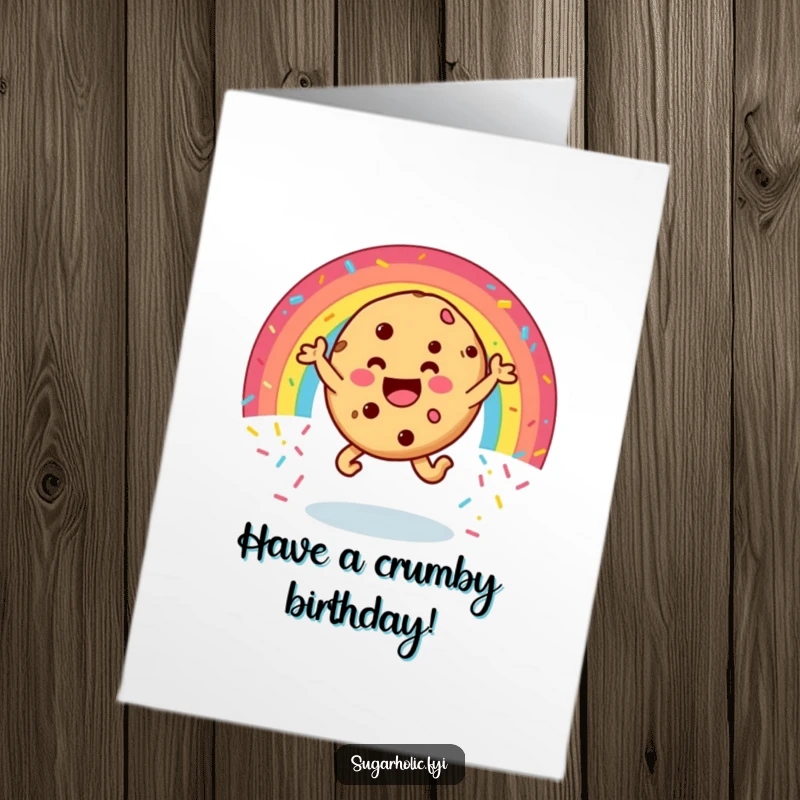 Funny free printable birthday card of a happy cookie character joyfully leaping through a rainbow of colorful sprinkles, a delightful celebration design.