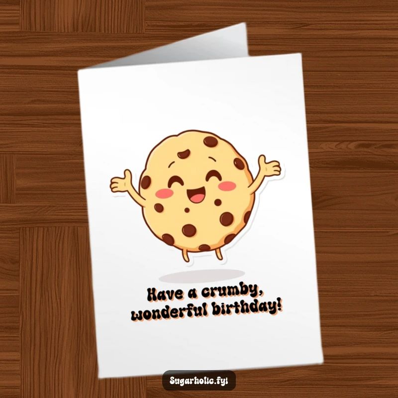 Funny Free Printable cookie character with chocolate chips, enthusiastically doing a happy dance to celebrate a birthday.