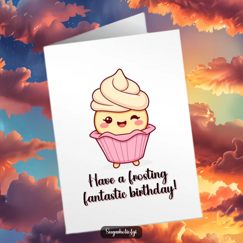 Funny Free Printable cupcake character with frosting, gleefully wiggling its wrapper for a birthday celebration.