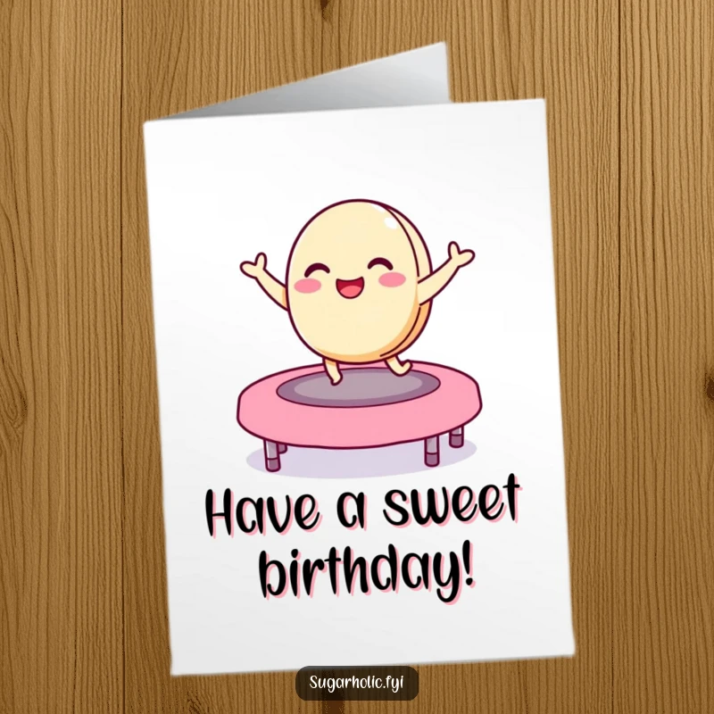 Funny free printable birthday card of a delighted macaron character joyfully bouncing high on a colorful jelly bean trampoline, a fun celebration.