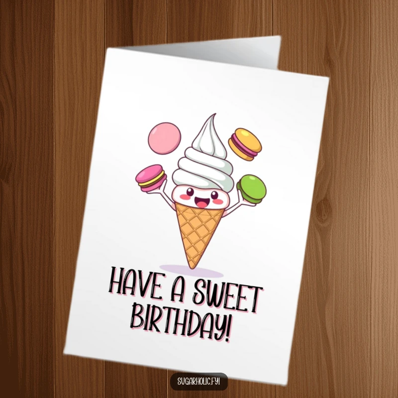 Funny Free Printable Birthday Card: Cheerful ice cream cone gleefully juggling macarons, sweet celebration, perfect downloadable art.
