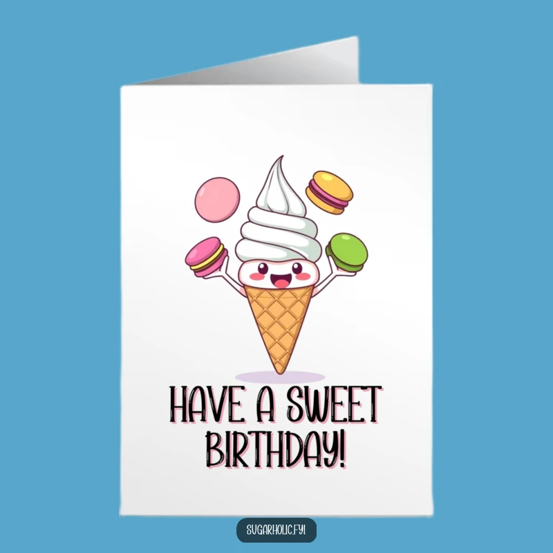 Free Printable Birthday Card: Cheerful Ice Cream Macaron Juggler, Funny Downloadable Gift