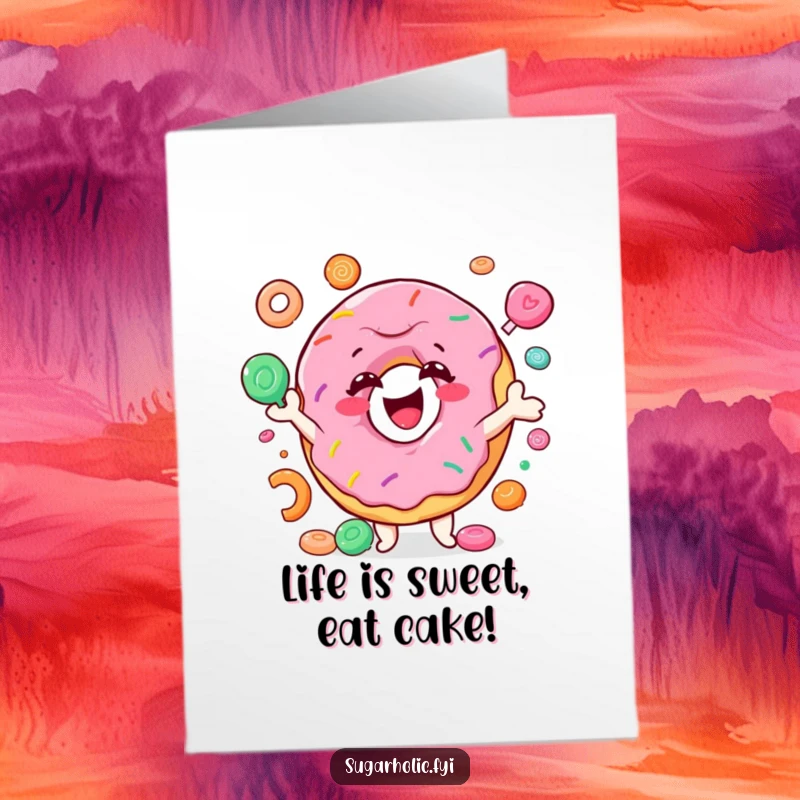 Funny free printable birthday card of a smiling donut character joyfully juggling colorful candies, perfect for a sweet and silly celebration.