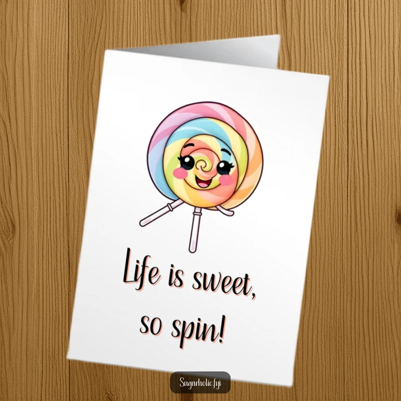 Funny Free Printable Birthday Card: A giggling lollipop character spins wildly with pure delight, spreading birthday cheer.