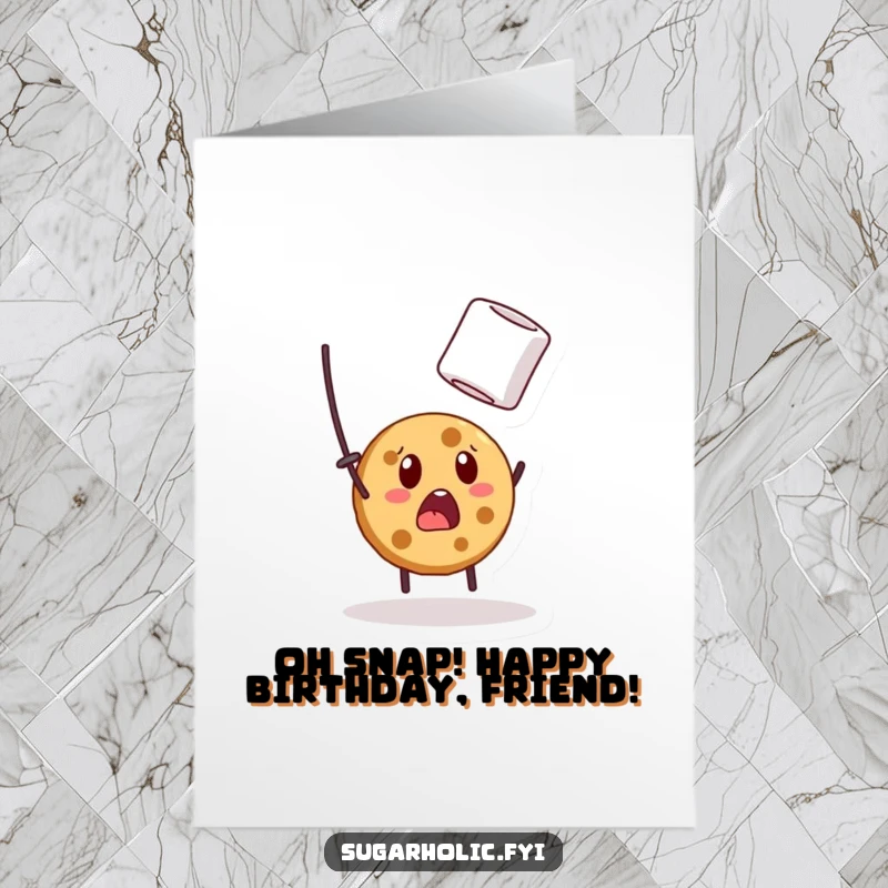 Funny Free Printable Birthday Card: Surprised cookie character leaps to catch a floating marshmallow, expressing shock and delight.