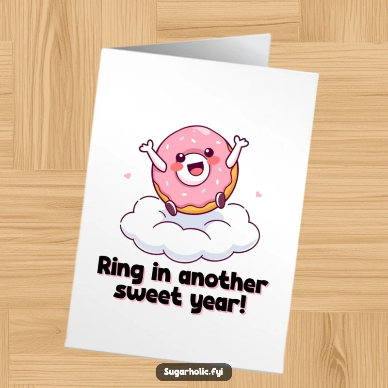 Funny Free Printable Doughnut Birthday Card: A delighted doughnut character doing a cartwheel on a sugary cloud, spreading joy.