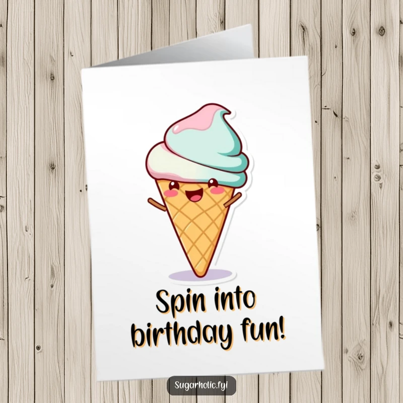 Funny Free Printable Birthday Card: Cheerful ice cream cone doing a happy spin, radiating pure birthday delight.