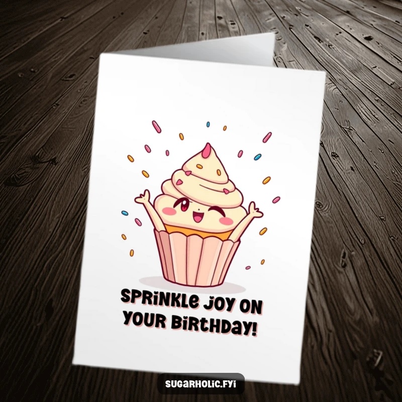 Funny Free Printable Birthday Card: Winking cupcake joyfully reaching for raining sprinkles, a sweet celebration.