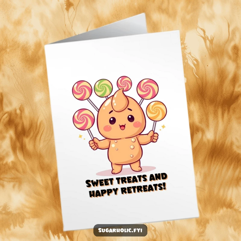 Funny Free Printable Birthday Card: A blushing caramel candy character hilariously juggles colorful gumdrops, ready to bring birthday cheer.