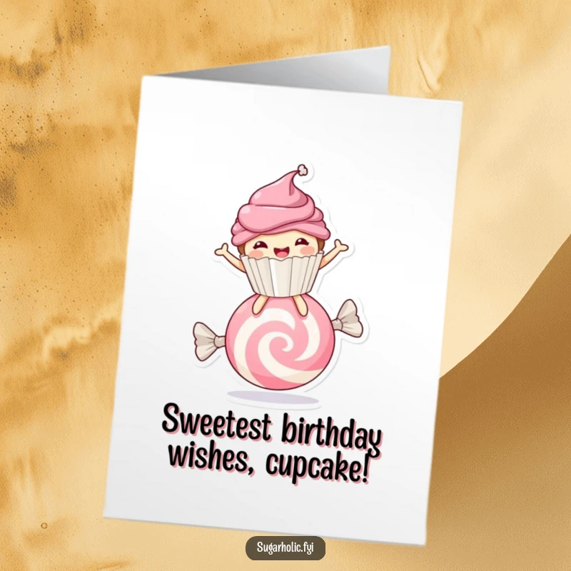 Funny Free Printable Birthday Card: Smiling cupcake character joyfully bouncing on a giant candy, pure birthday bliss.