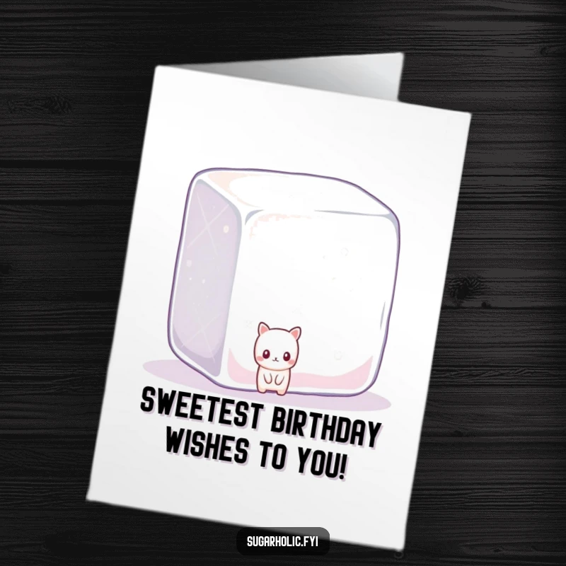 Funny free printable birthday card featuring a shy candy character peeking from behind a giant sparkling sugar cube.