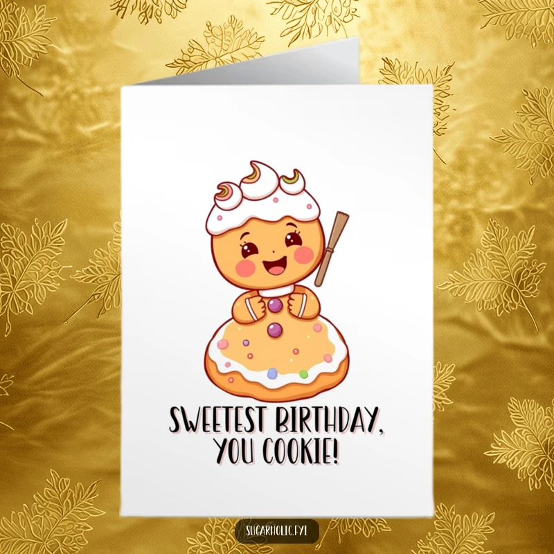 Funny Free Printable Birthday Card: A gingerbread person gleefully frosts a giant sugar cookie with festive icing.
