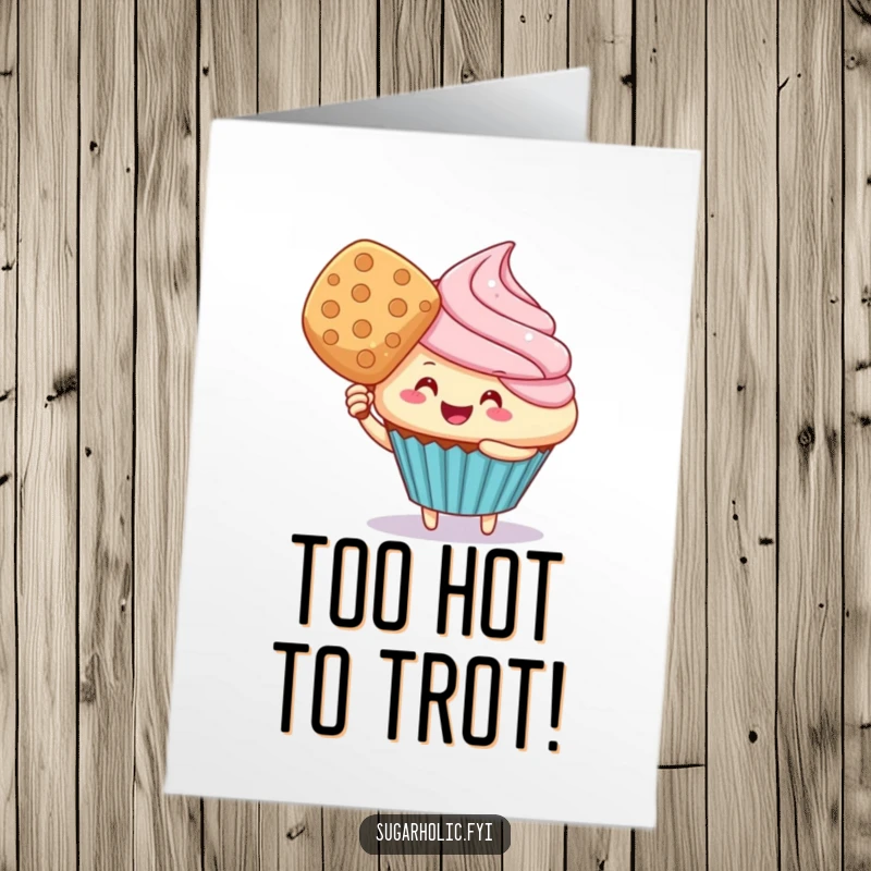 Funny Free Printable Birthday Card: A cheerful cupcake character comically fanning itself with a giant wafer, wishing a happy birthday.