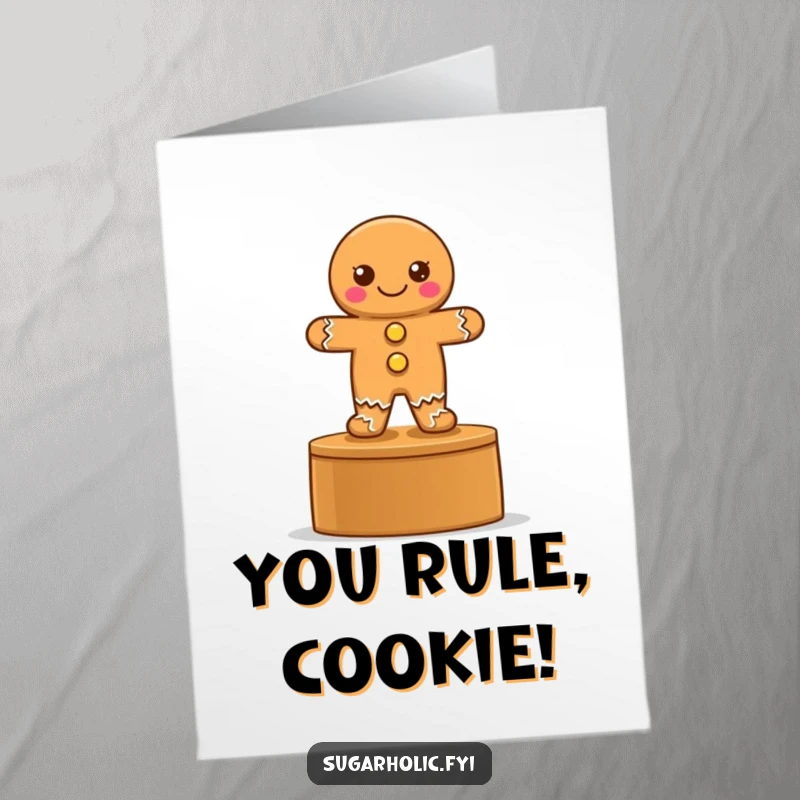 Funny free printable birthday card showing a proud gingerbread cookie with button eyes standing victoriously on a podium.