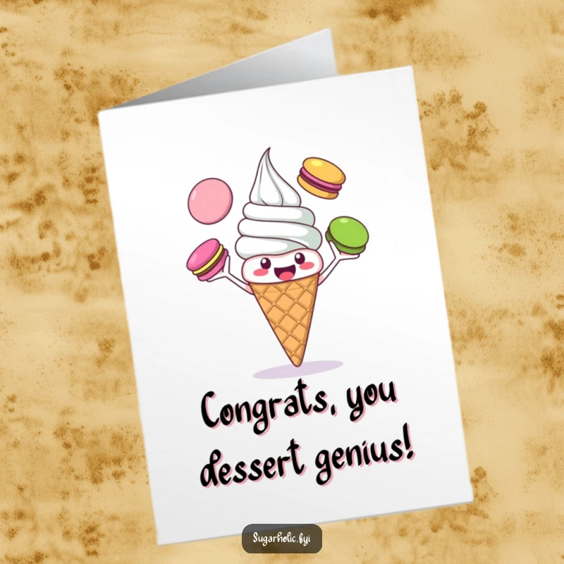 Free Printable Congratulations Card: Happy ice cream cone gleefully juggling macarons, sweet success, perfect downloadable art.