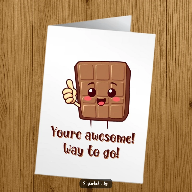 Free printable congratulations card featuring a delighted chocolate bar character giving a strong, positive thumbs up.