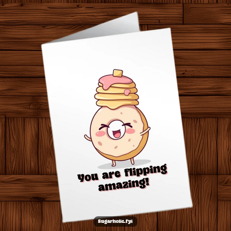 Funny Free Printable Congratulations Card showing a winking donut character skillfully balancing a precarious stack of pancakes on its head.