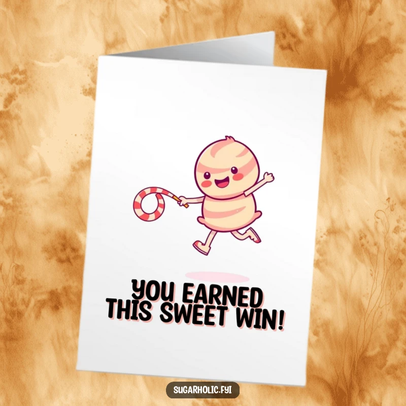 Free Printable Congratulations Card: Smiling candy character skipping rope with licorice, leaving sparkles, perfect downloadable art.