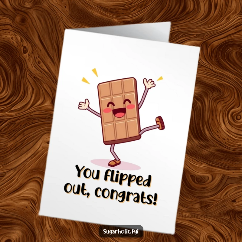 Funny free printable congratulations card of an elated chocolate bar character performing a triumphant cartwheel, celebrating success.