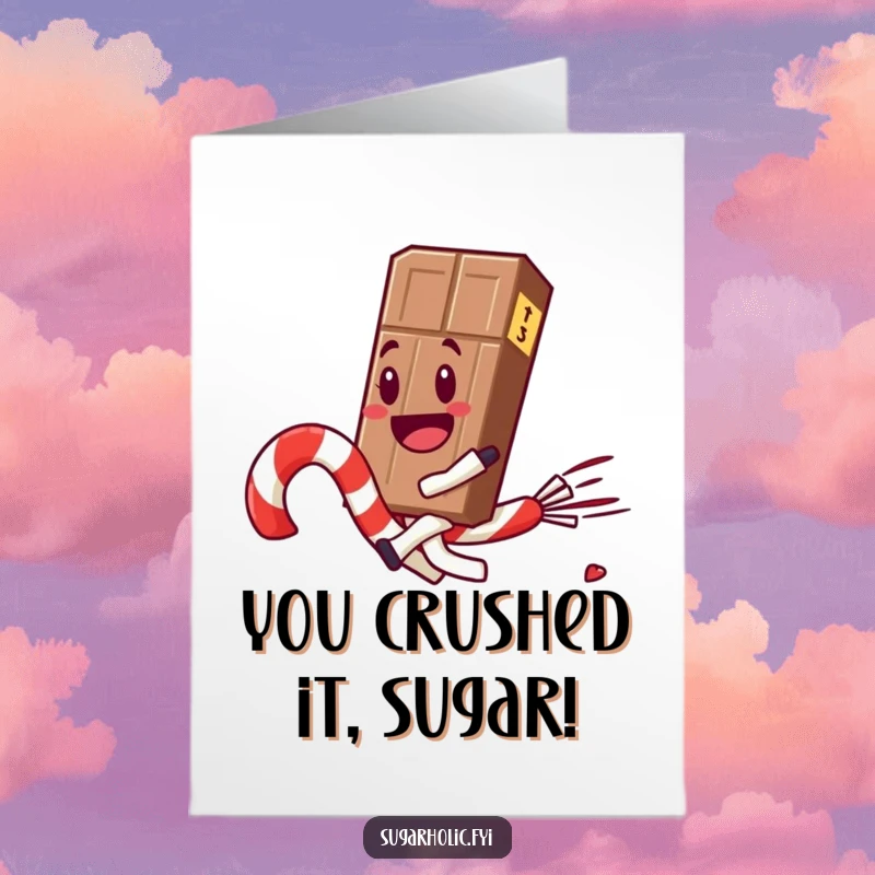 Funny Free Printable Congratulations Card: Chocolate bar character joyfully speeds on a runaway candy cane, celebrating success.