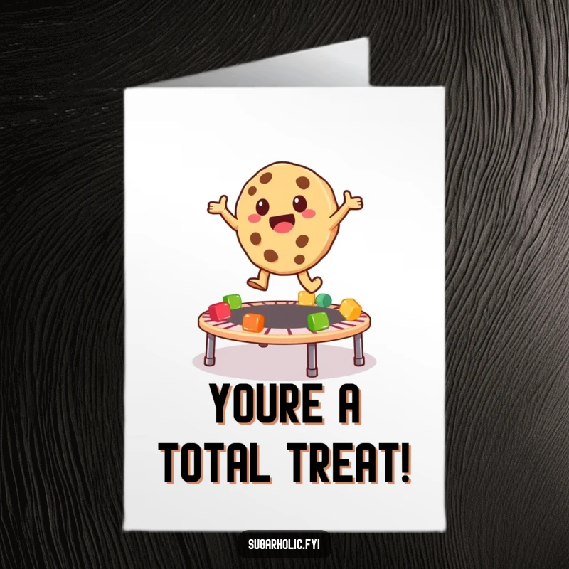 Funny Free Printable Congratulations Card featuring a cookie character energetically bouncing on a gummy bear trampoline.